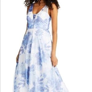Trixxi Light Blue Sleeveless Beaded V Neck Floral Dress Gown (Size 7)